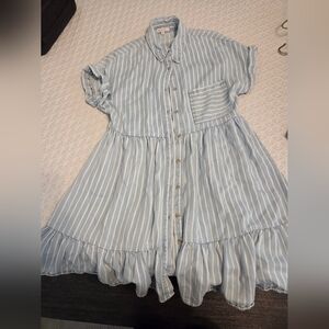 Girls' Light Blue & White Striped Button-Front Casual Dress
